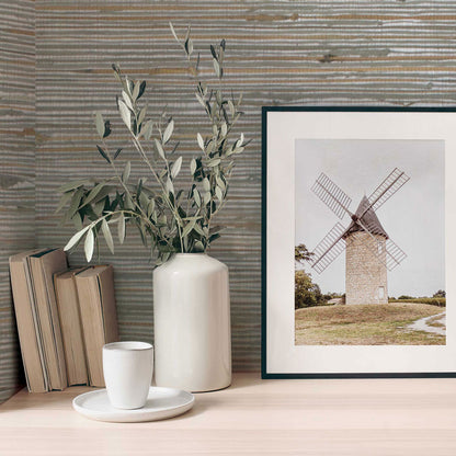 Loose Weave Knotted Jute and Boodle Grasscloth Wallpaper - Beige and Taupe on Metallic Silver