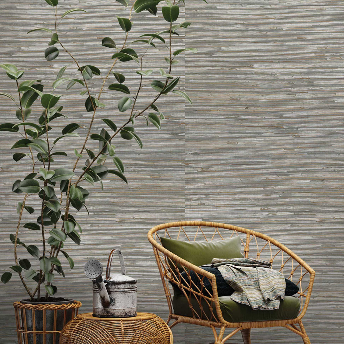 Loose Weave Knotted Jute and Boodle Grasscloth Wallpaper - Beige and Taupe on Metallic Silver