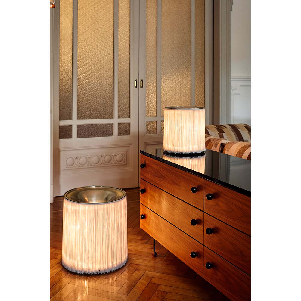 Model 597 Floor Lamp - Cream Fringe, Polished Aluminum