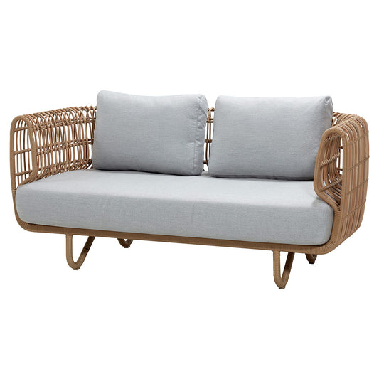Nest Outdoor 2 Seater Sofa - Light Gray Cushions, Natural Weave Frame