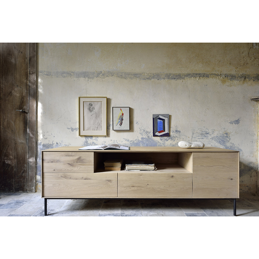 Oak Whitebird TV cupboard - 1 door - 1 flip-down door - 2 drawers