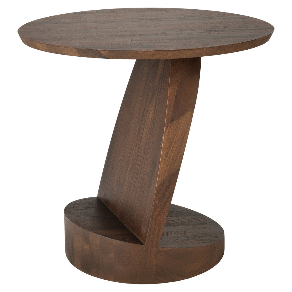 Oblic Round Side Table - Brown Teak