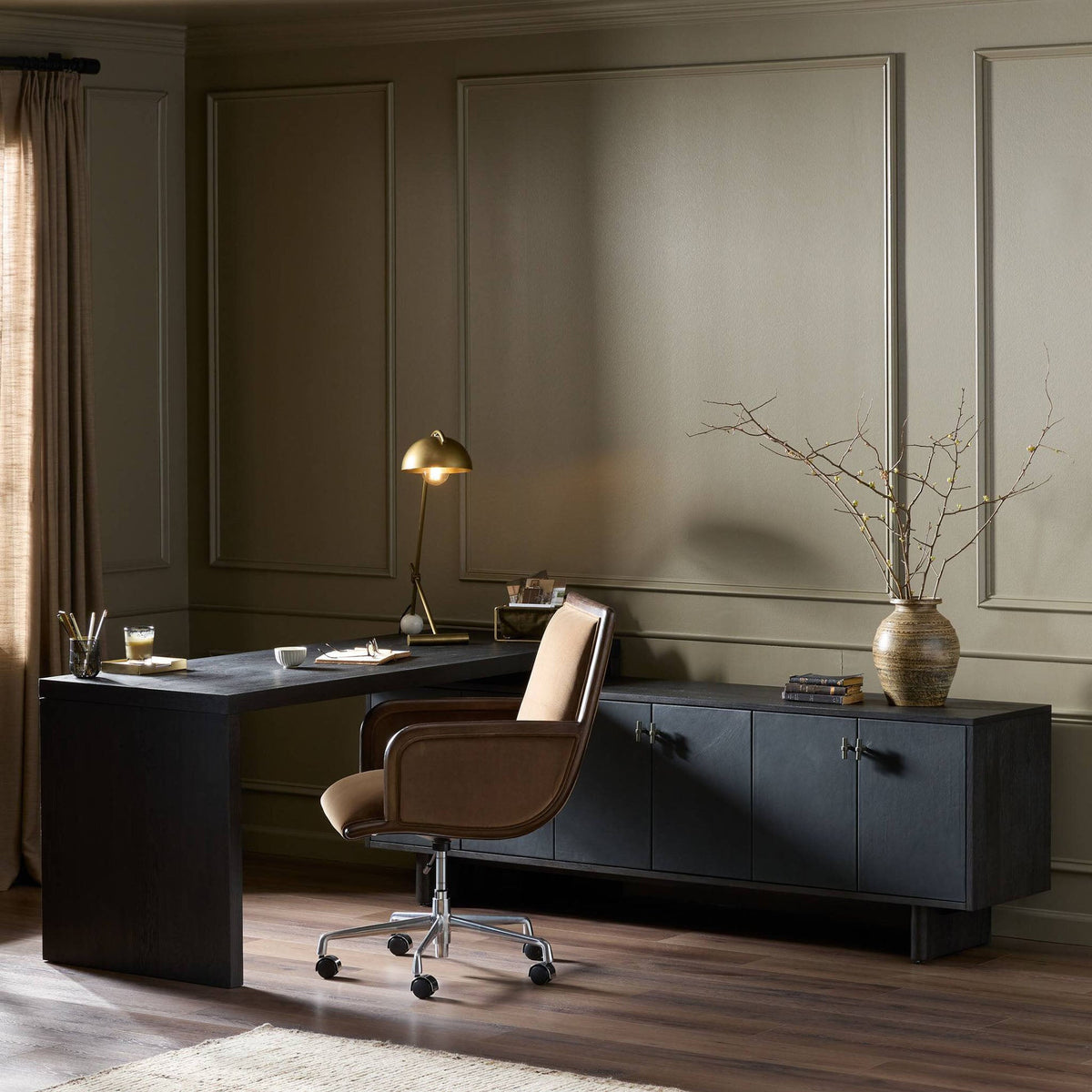 Posada L-Shaped Desk - Worn Black Oak Veneer
