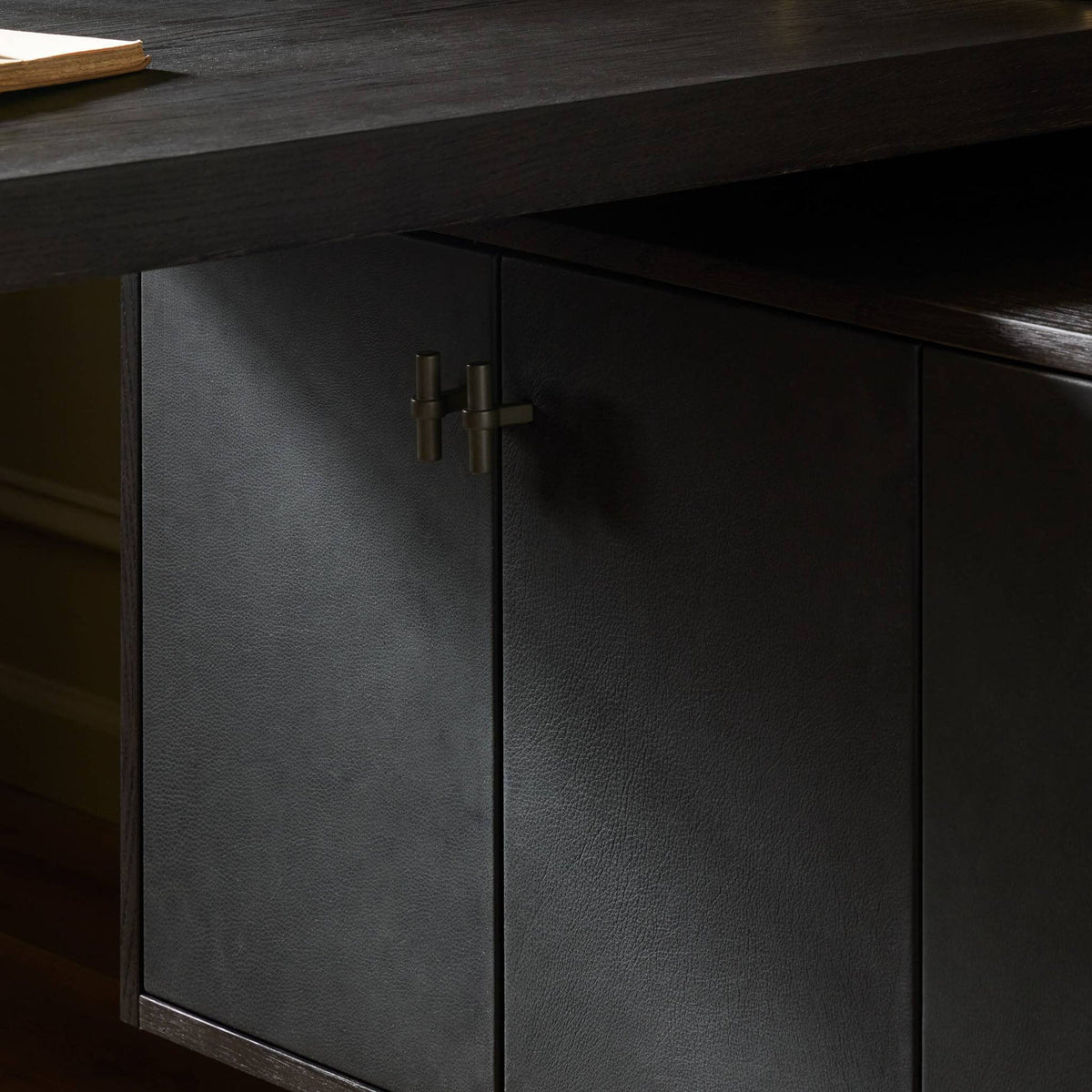 Posada L-Shaped Desk - Worn Black Oak Veneer