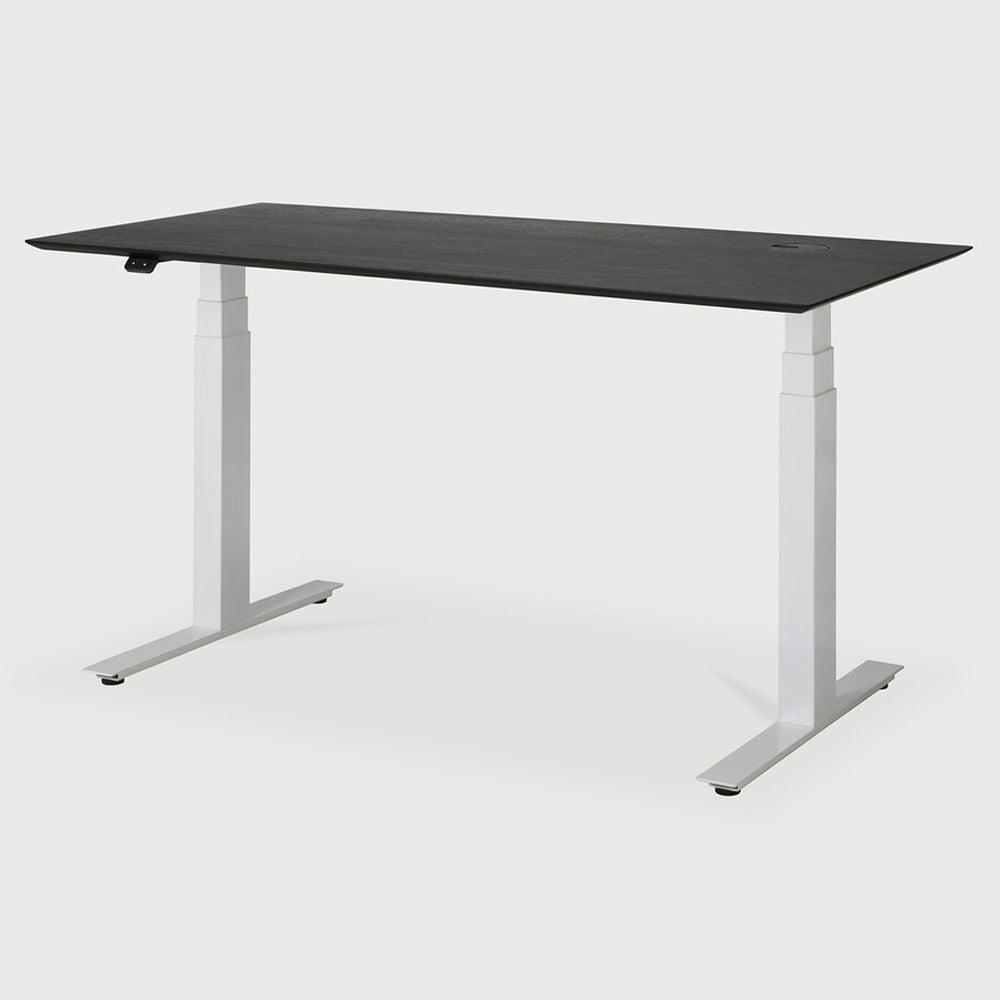 Bok Adjustable Desk - Black Oak Top, White Base, With Cable Management