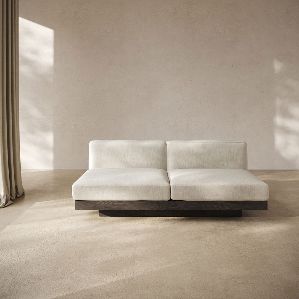 Rudolph 2 Seater Bench Sofa - Beige Cushions, Black Oak Base