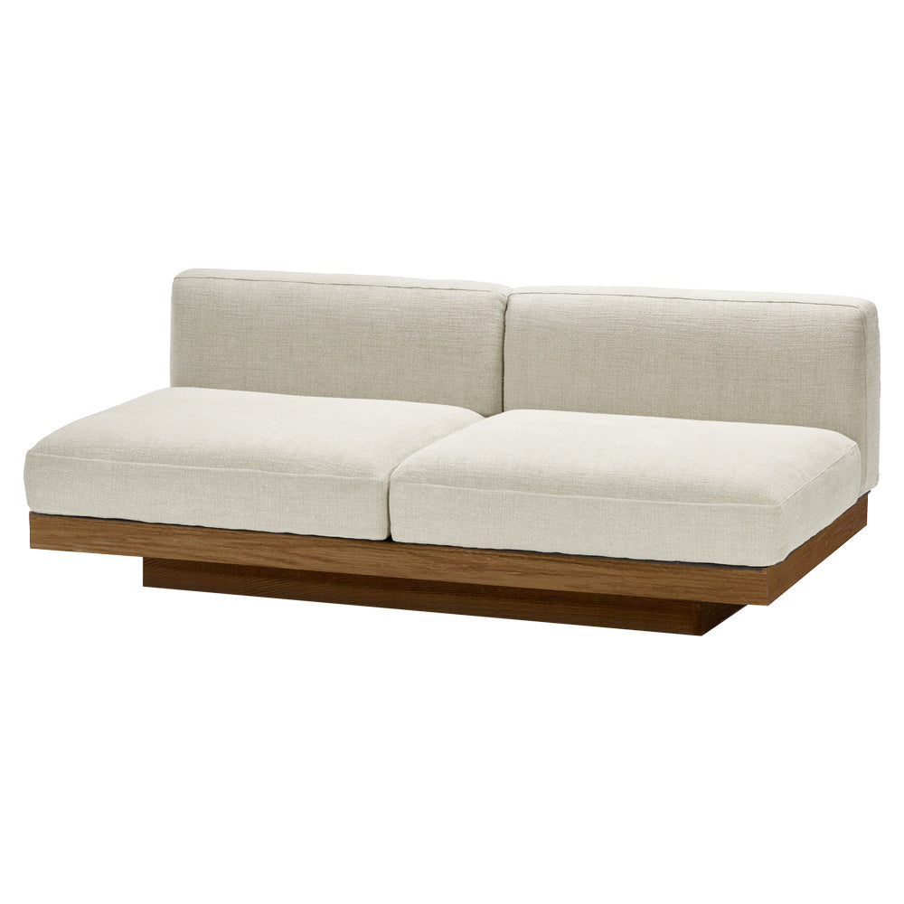Rudolph 2 Seater Bench Sofa - Beige Cushions, Cognac Oak Base