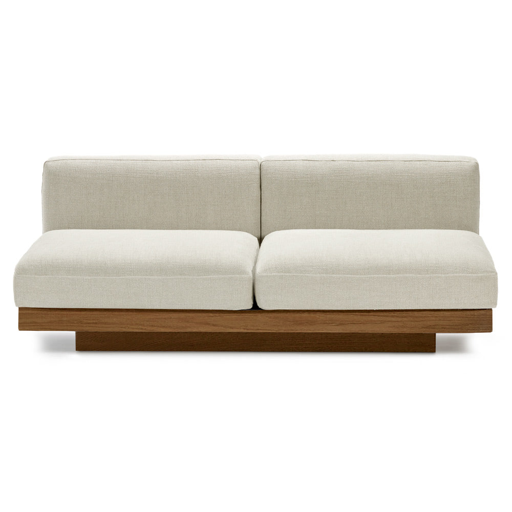 Rudolph 2 Seater Bench Sofa - Beige Cushions, Cognac Oak Base