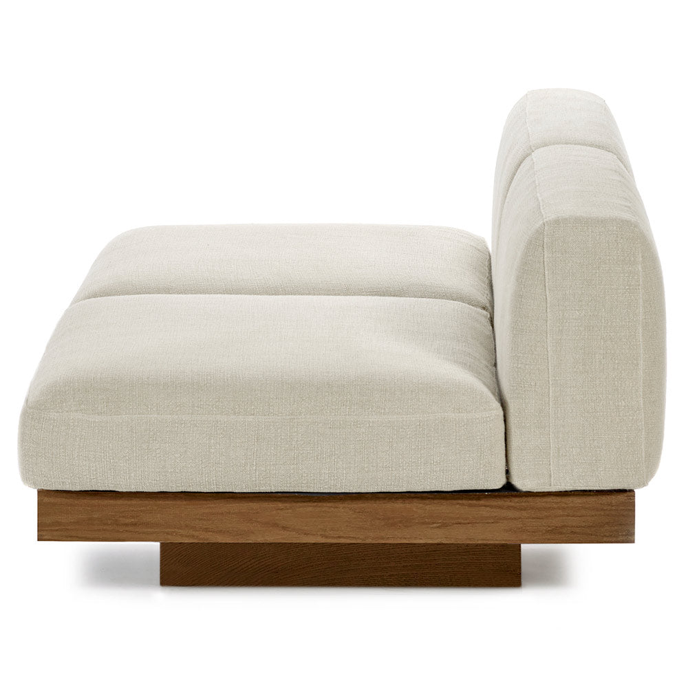Rudolph 2 Seater Bench Sofa - Beige Cushions, Cognac Oak Base