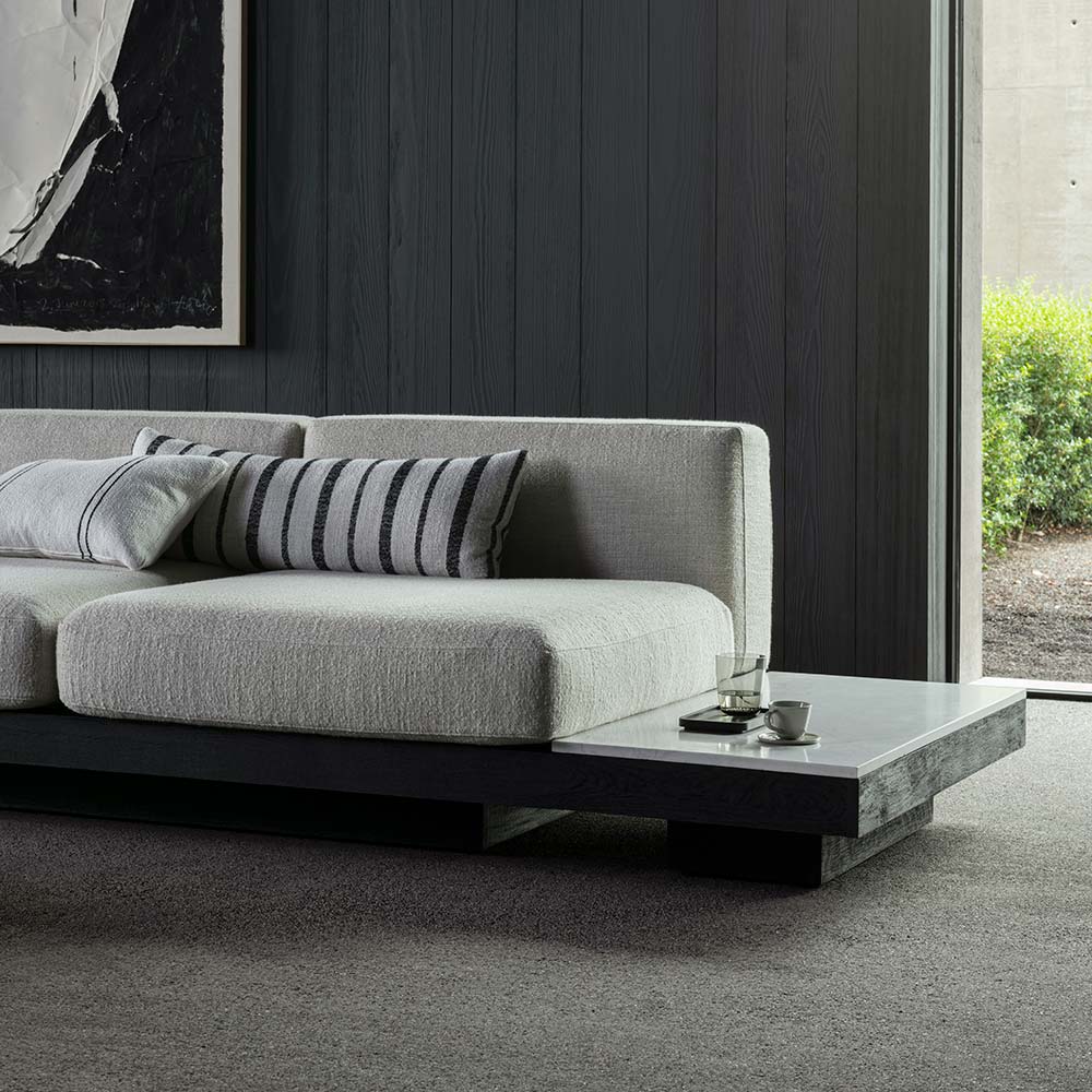 Rudolph 2 Seater Bench Sofa - Off White Cushions, Black Oak Base
