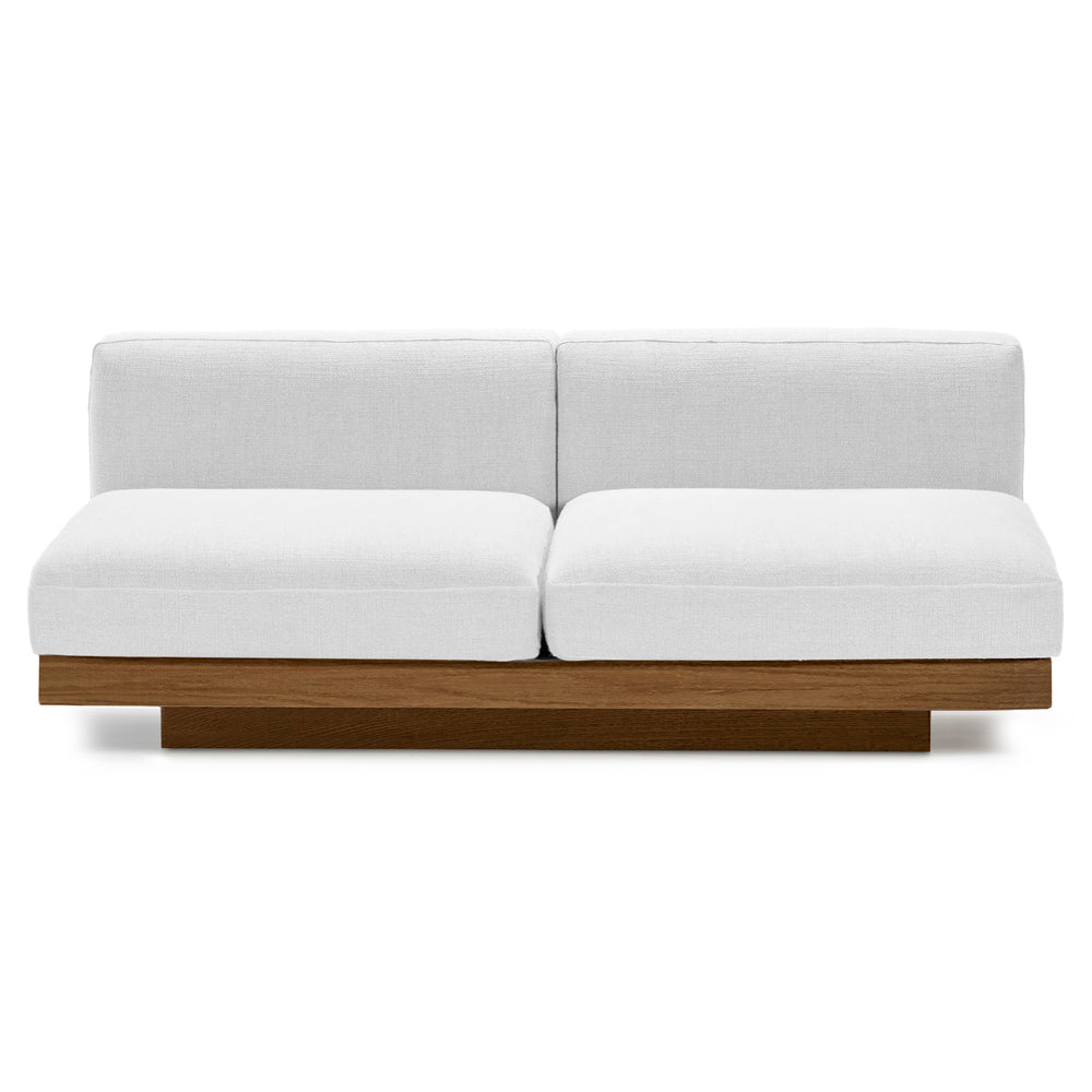 Rudolph 2 Seater Bench Sofa - Off White Cushions, Cognac Oak Base
