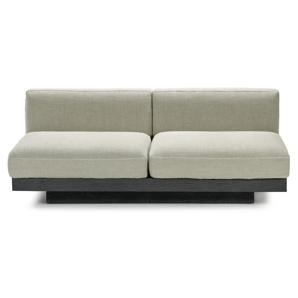 Rudolph 2 Seater Bench Sofa - Sand Cushions, Black Oak Base