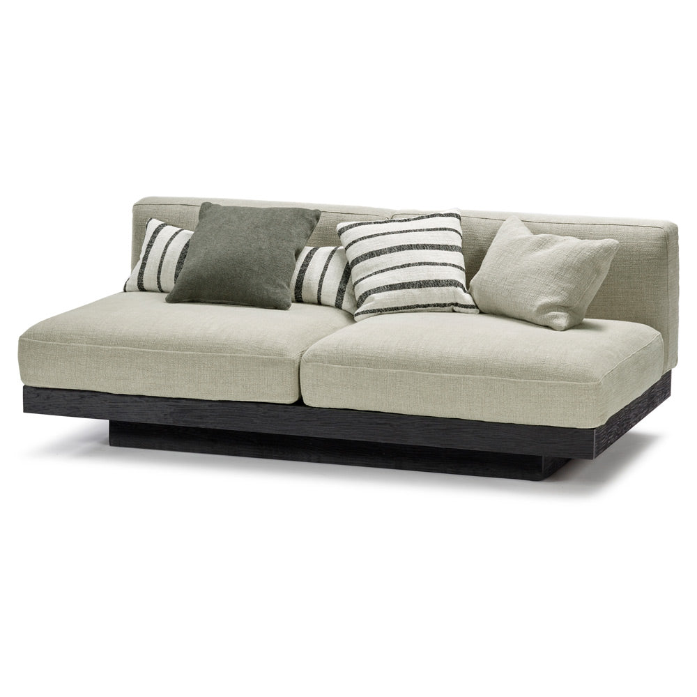 Rudolph 2 Seater Bench Sofa - Sand Cushions, Black Oak Base