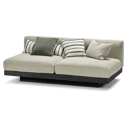 Rudolph 2 Seater Bench Sofa - Sand Cushions, Black Oak Base