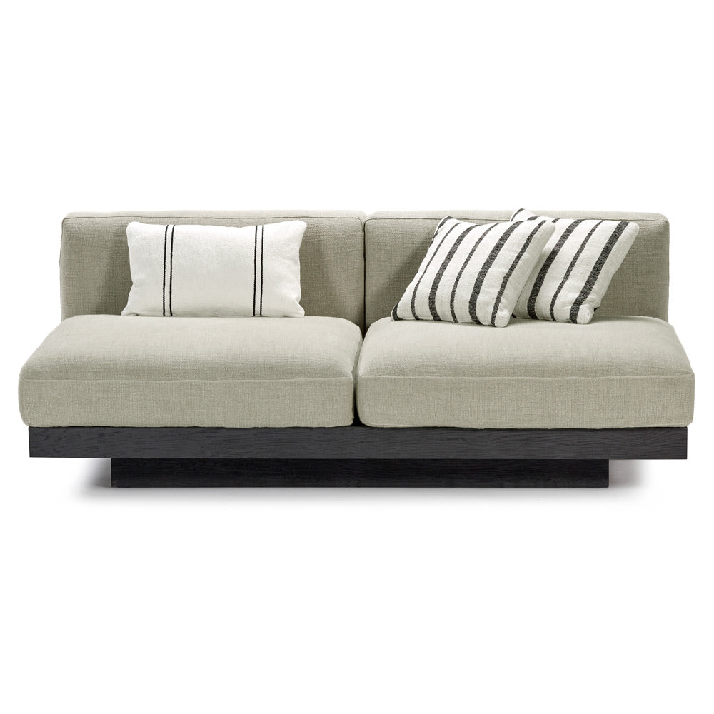 Rudolph 2 Seater Bench Sofa - Sand Cushions, Black Oak Base
