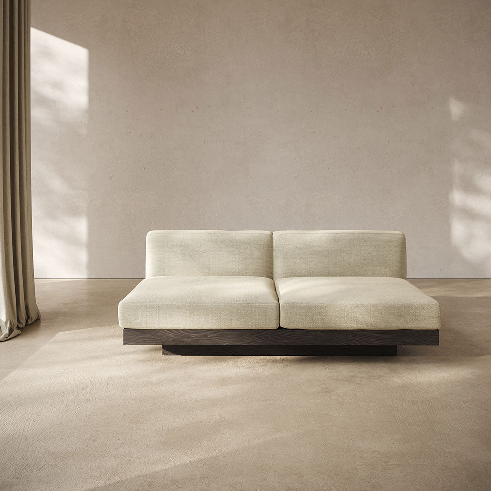 Rudolph 2 Seater Bench Sofa - Sand Cushions, Black Oak Base