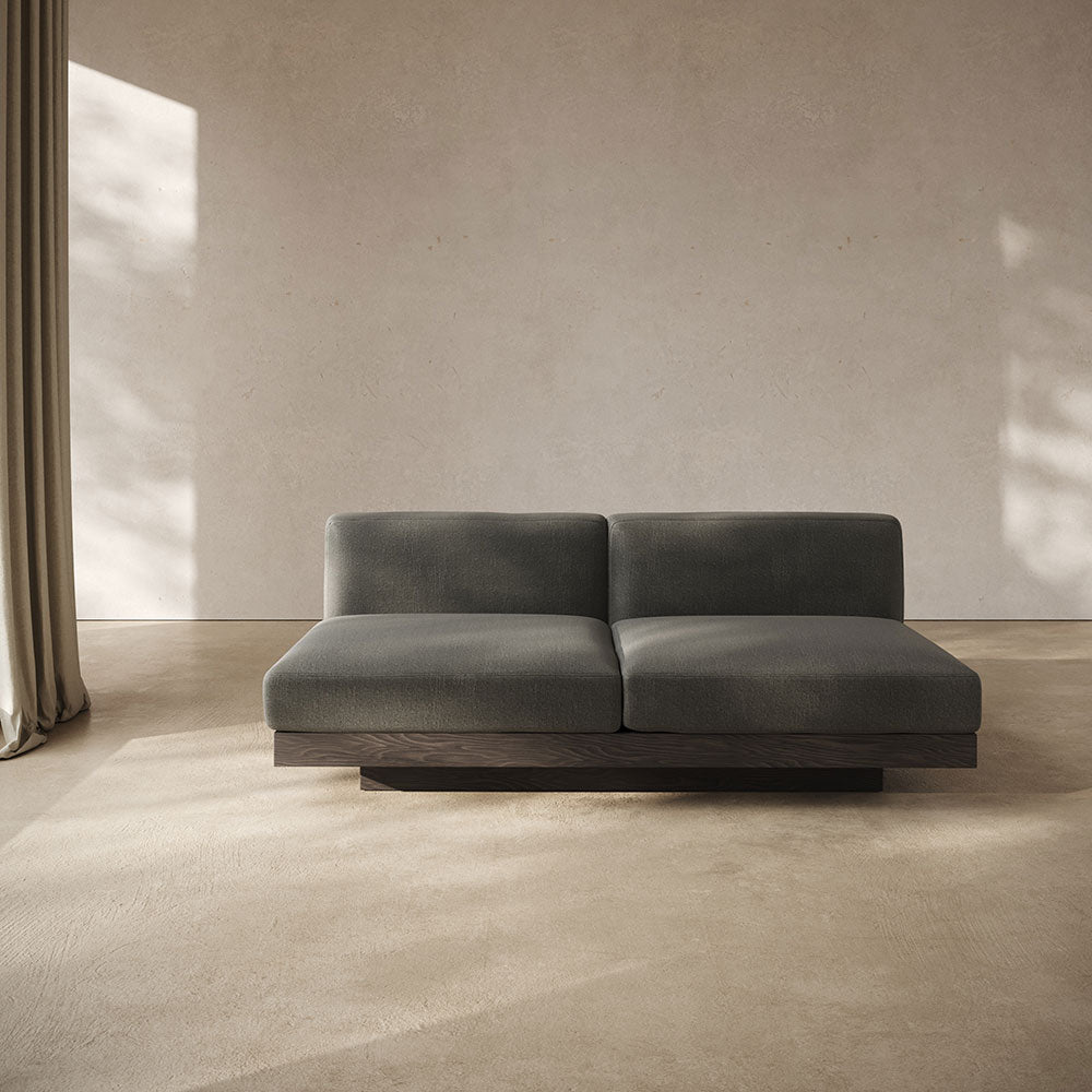Rudolph 2 Seater Bench Sofa - Smoke Cushions, Black Oak Base