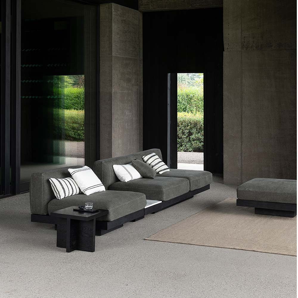 Rudolph 2 Seater Bench Sofa - Smoke Cushions, Black Oak Base
