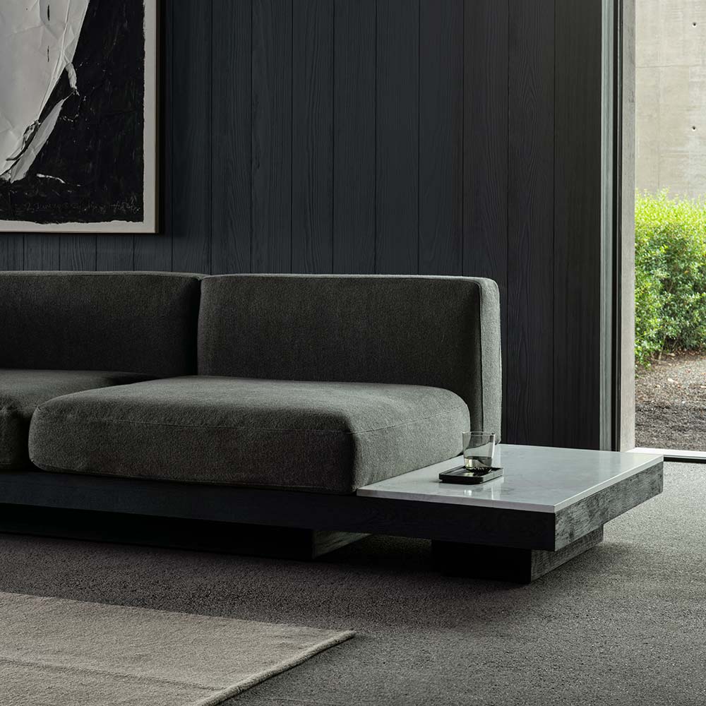 Rudolph 2 Seater Bench Sofa - Smoke Cushions, Black Oak Base