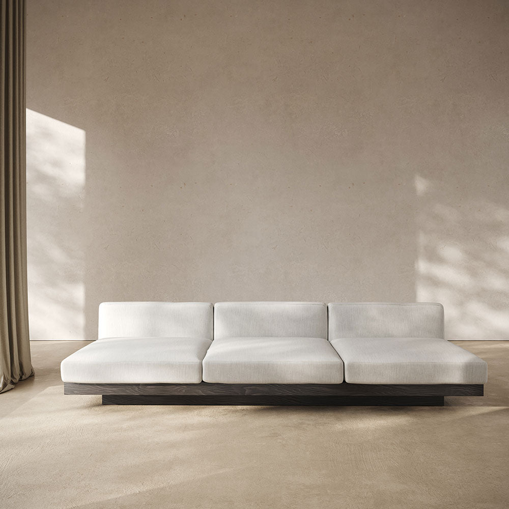 Rudolph 3 Seater Bench Sofa - Off White Cushions, Black Oak Base