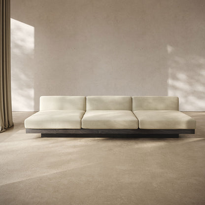 Rudolph 3 Seater Bench Sofa - Sand Cushions, Black Oak Base