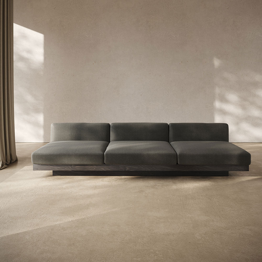 Rudolph 3 Seater Bench Sofa - Smoke Cushions, Black Oak Base