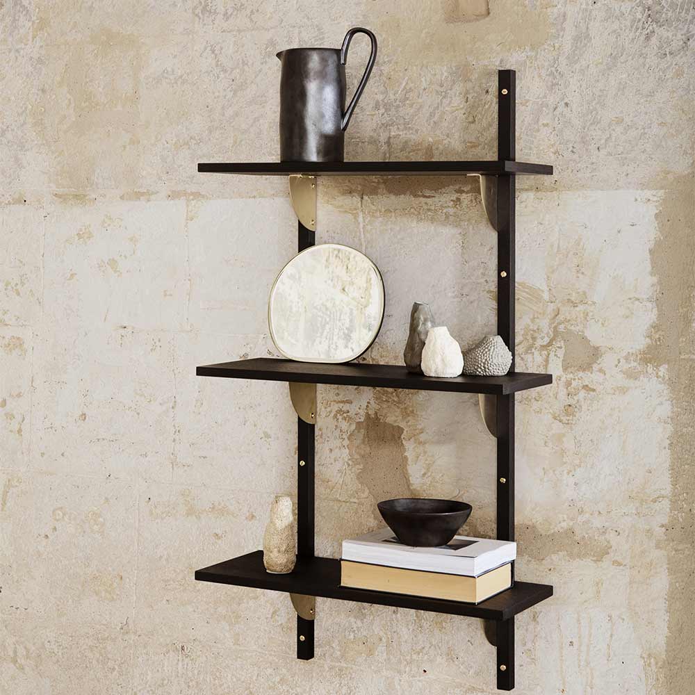 Sector Triple Narrow Wall Shelf - Natural Oak, Black Brass