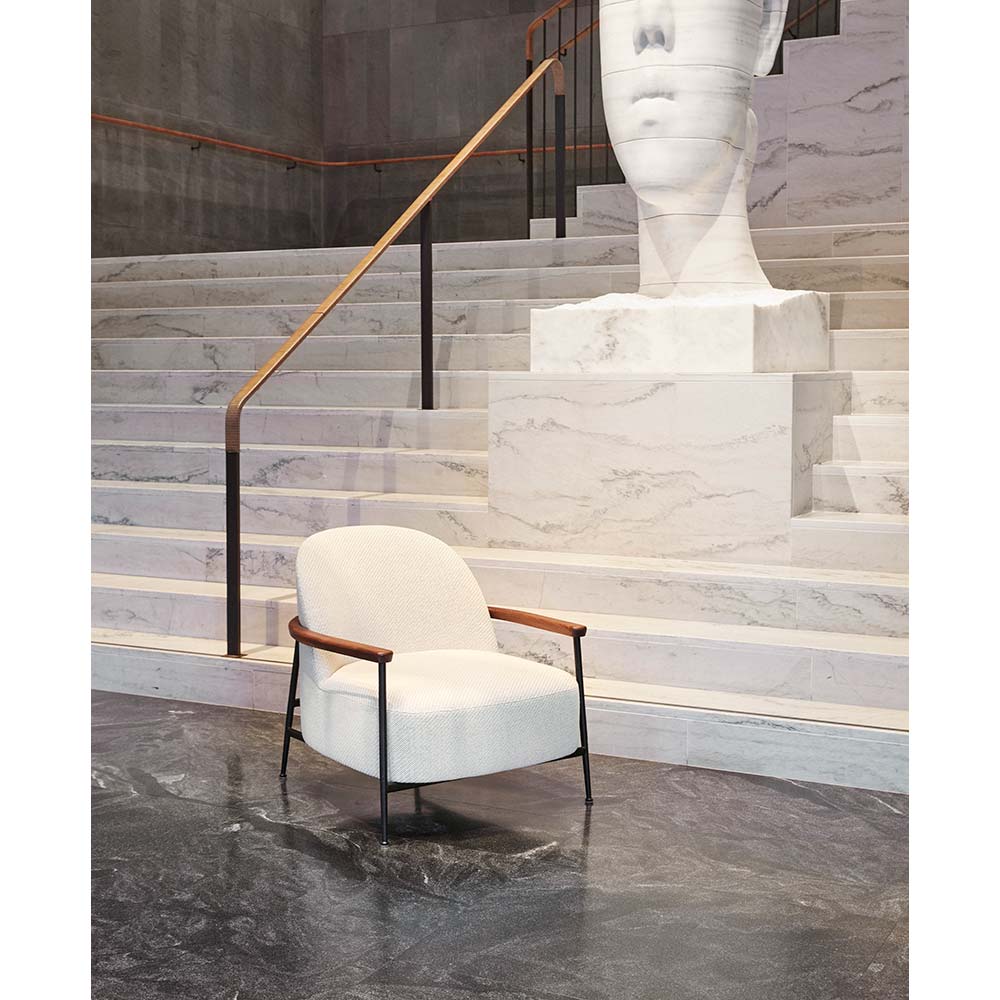 Sejour Fully Upholstered Lounge Chair With Armrest - Dedar Karakorum 001 Boucle, Antique Brass Base, American Walnut Armrest