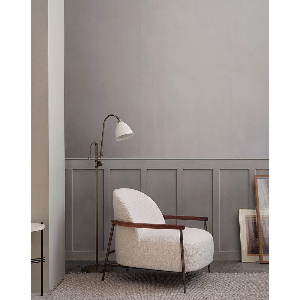 Sejour Fully Upholstered Lounge Chair With Armrest - Dedar Karakorum 001 Boucle, Antique Brass Base, American Walnut Armrest