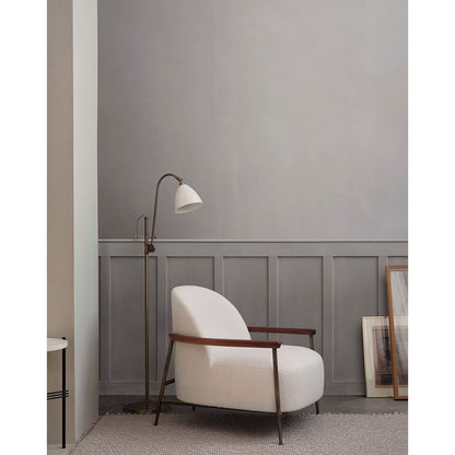 Sejour Fully Upholstered Lounge Chair With Armrest - Dedar Karakorum 001 Boucle, Antique Brass Base, American Walnut Armrest