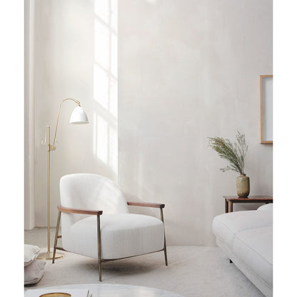 Sejour Fully Upholstered Lounge Chair With Armrest - Dedar Karakorum 001 Boucle, Antique Brass Base, American Walnut Armrest