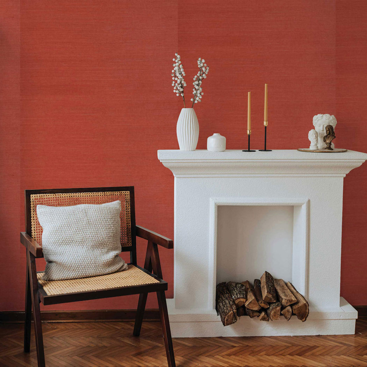 Sisal Monochromatic Grasscloth Wallpaper - Deep Coral Red