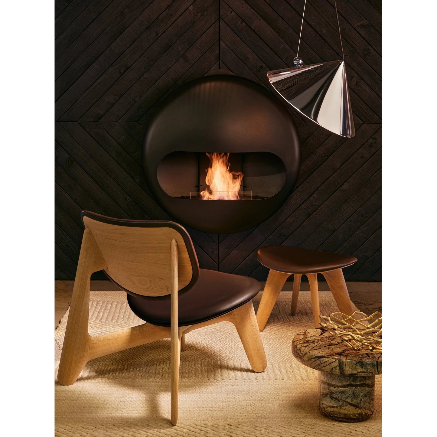 Slab Ottoman - Natural Oak, Choko Leather