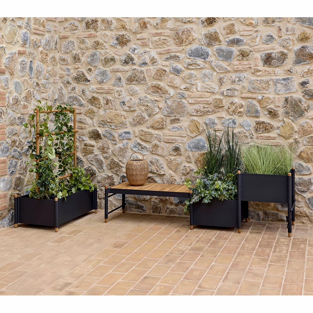 Sticks bench with 1 planter -Teak Bench, Sand Aluminum