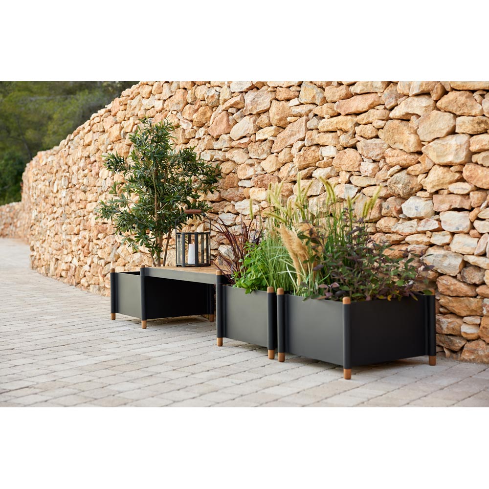 Sticks bench with 2 planters -Teak, Lava Gray Aluminum