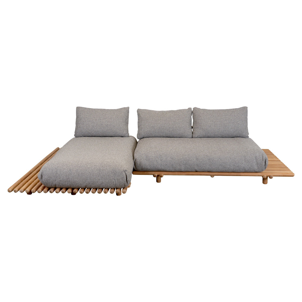 Sticks Platform Sofa With Chaise Lounge - LIght Brown Cushions, Teak Platform