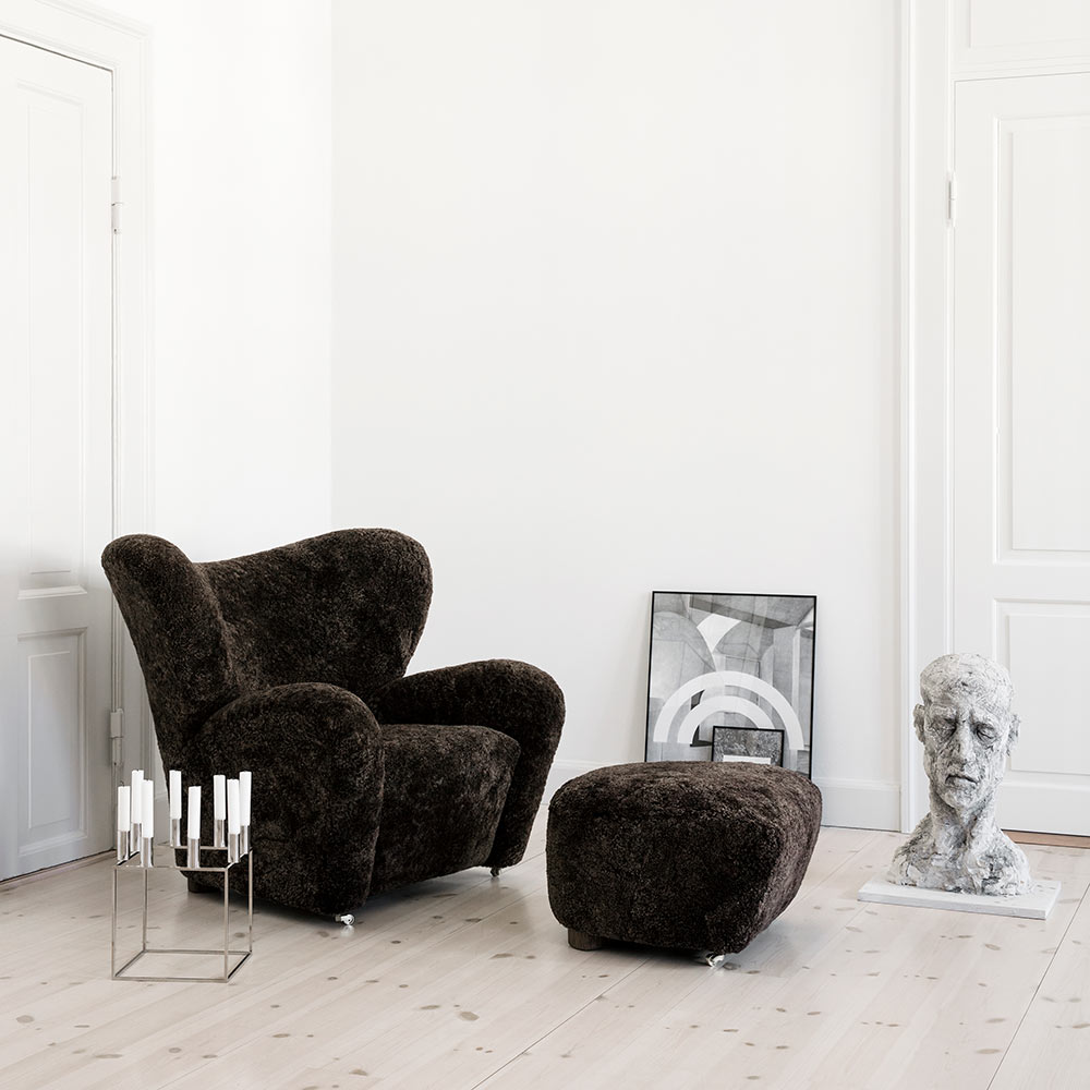 The Tired Man Lounge Chair - Green Tea Sheepskin, Smoked Oak