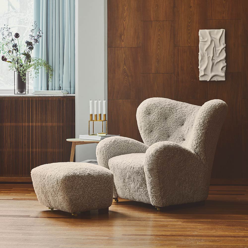 The Tired Man Lounge Chair - Sahara Sheepskin, Smoked Oak
