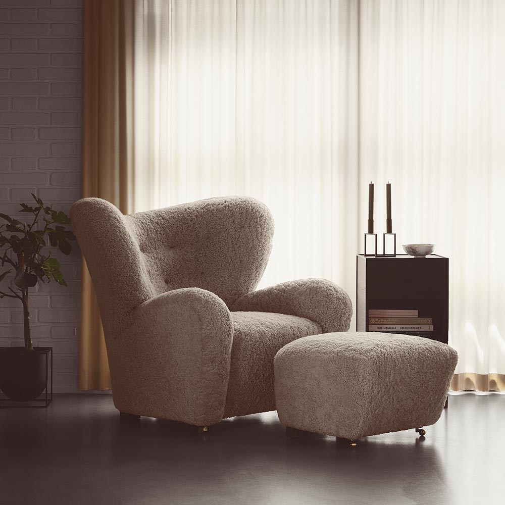 The Tired Man Lounge Chair - Sahara Sheepskin, Smoked Oak