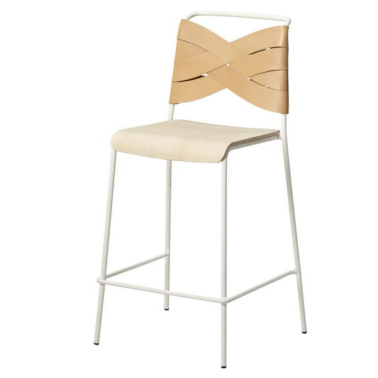 Torso Bar Stool - Ash Wood Seat, Natural Leather Backrest, White Steel Base