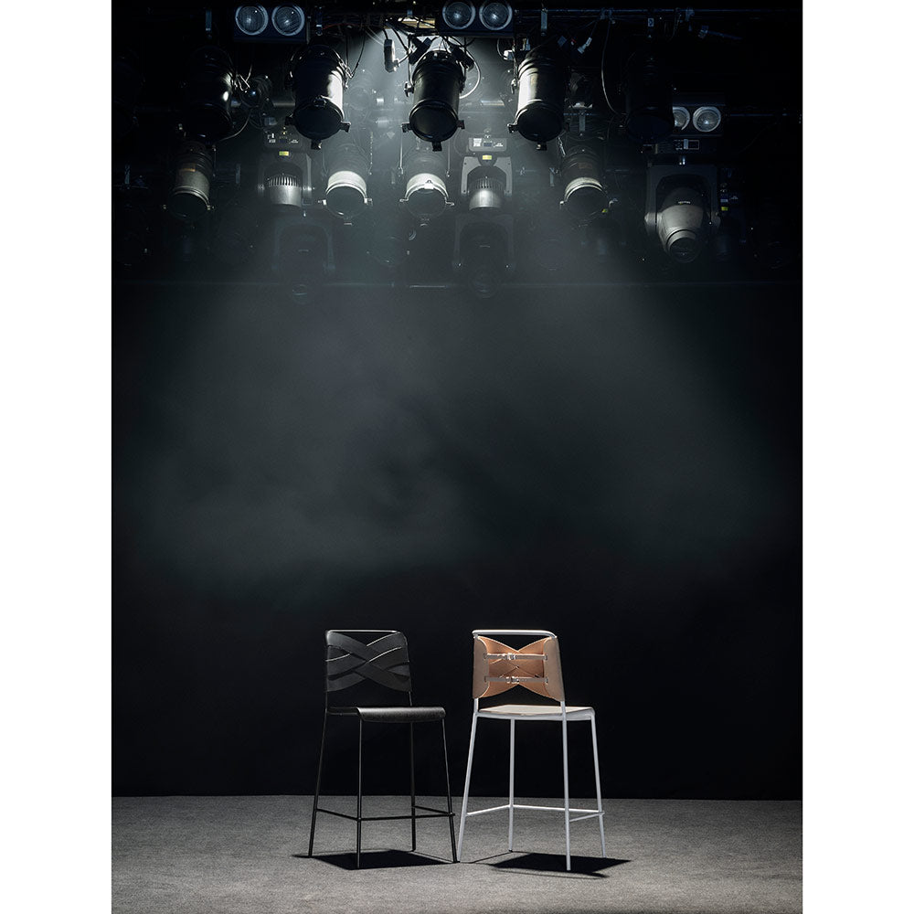 Torso Bar Stool - Ash Wood Seat, Natural Leather Backrest, White Steel Base