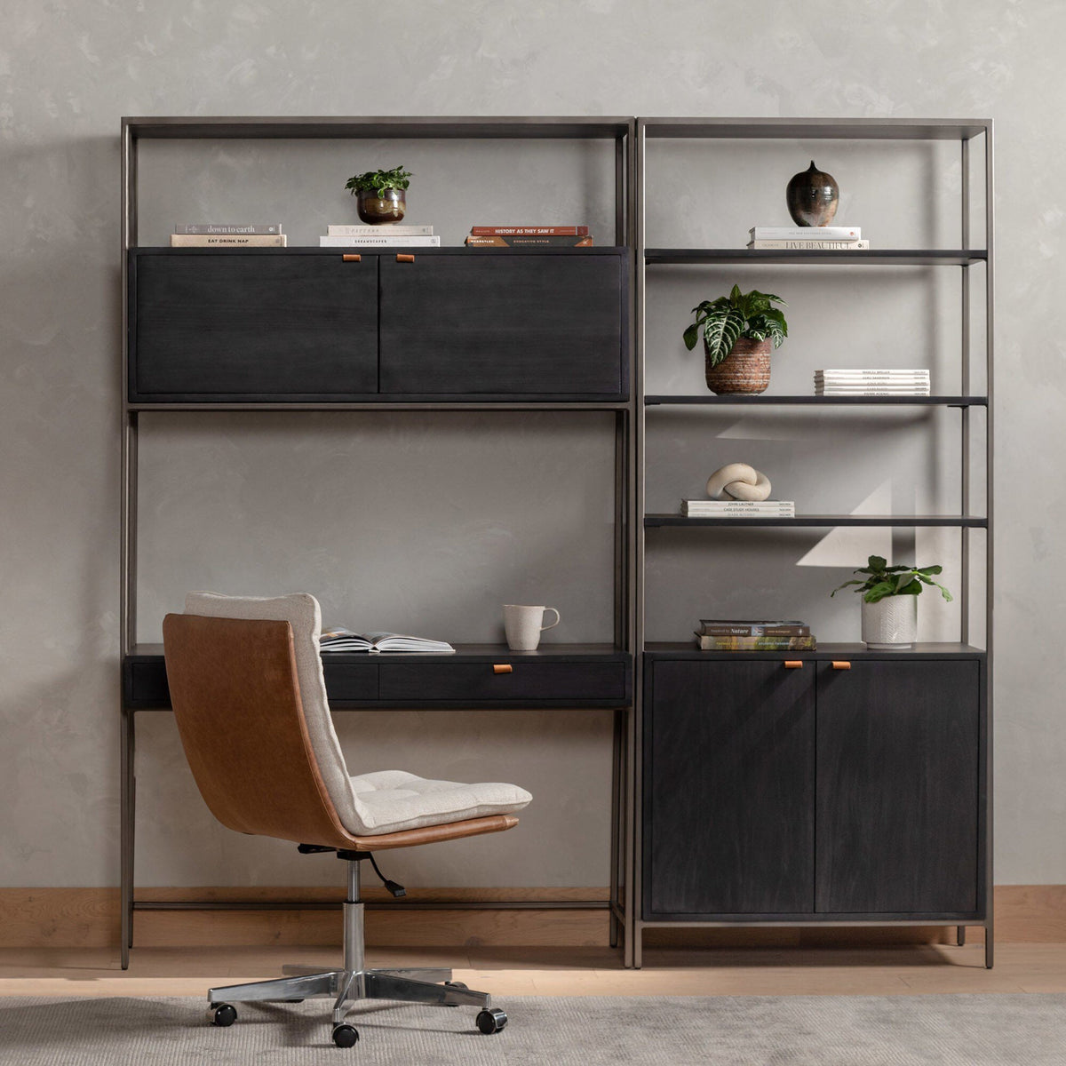 Trey Modular Wall Desk With 1 Bookcase - Black Wash Poplar