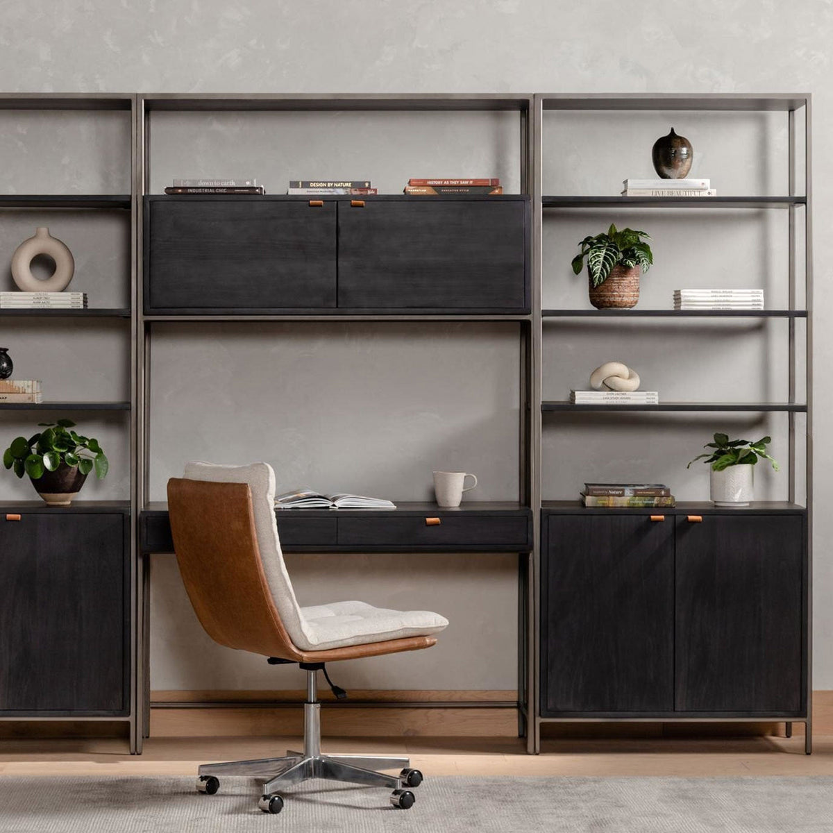 Trey Modular Wall Desk With 2 Bookcases - Black Wash Poplar