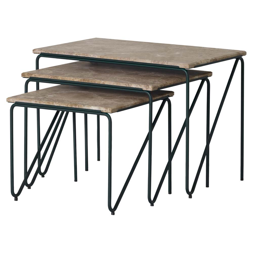 Triptych Nesting Tables - Cedar Green Frame, Monaco Brown Marble Top