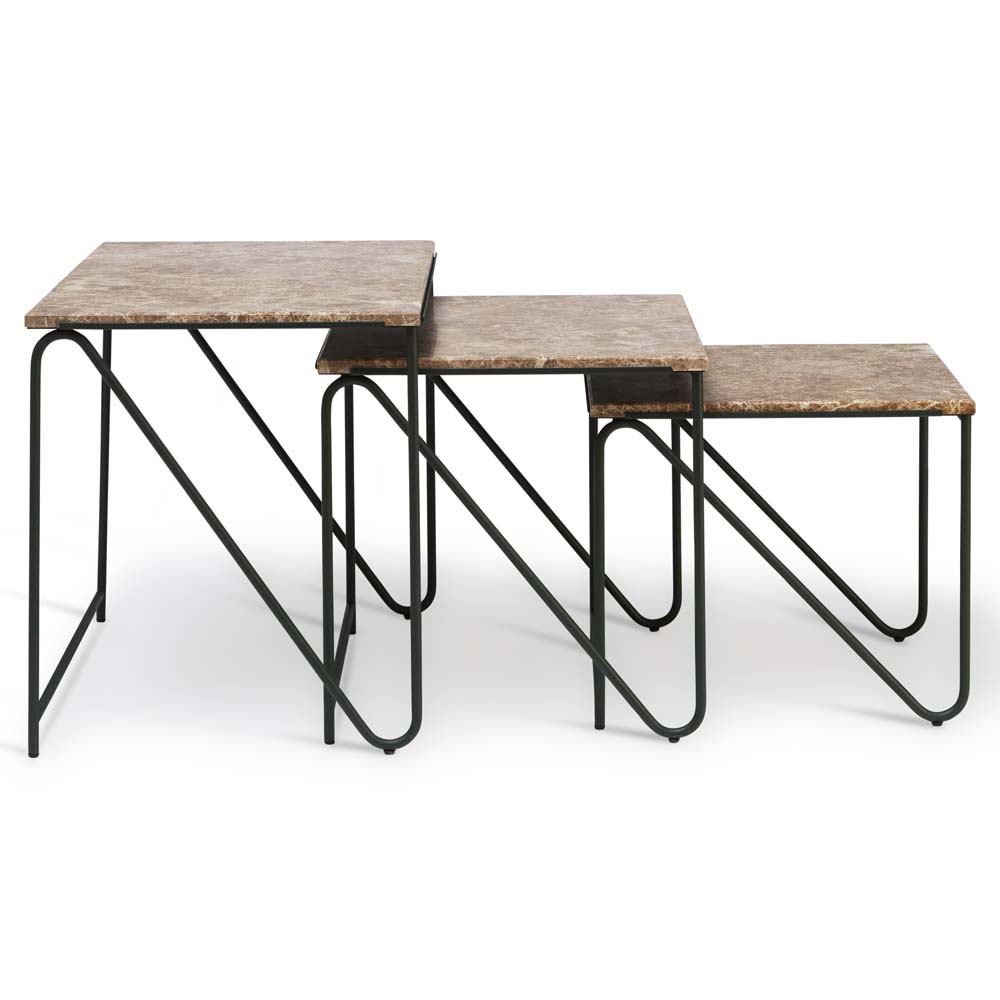 Triptych Nesting Tables - Cedar Green Frame, Monaco Brown Marble Top