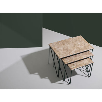 Triptych Nesting Tables - Cedar Green Frame, Monaco Brown Marble Top
