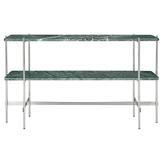 TS 2 Tier Console Table - Green Marble, Polished Steel