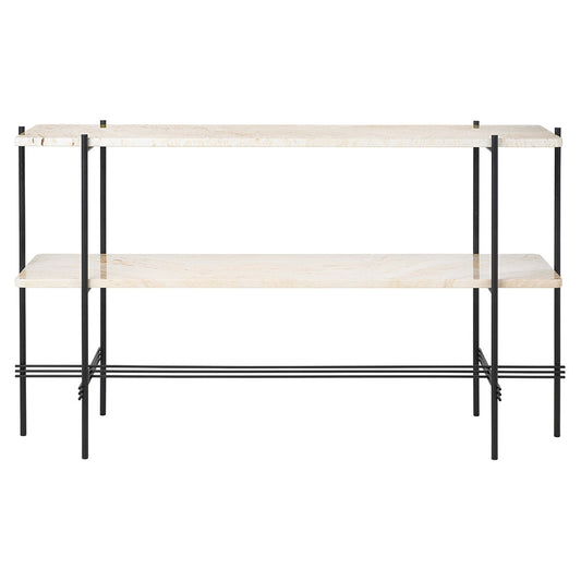 TS 2 Tier Console Table - Neutral White Travertine, Black
