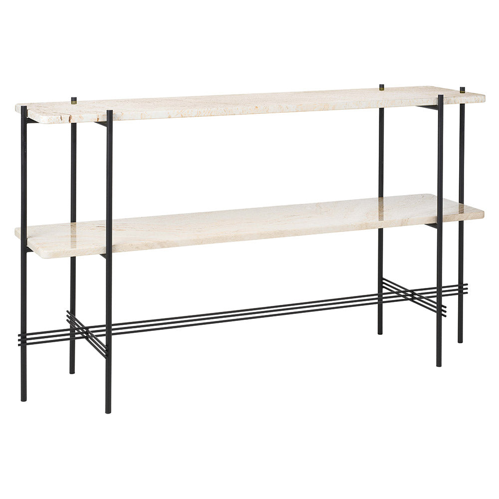 TS 2 Tier Console Table - Neutral White Travertine, Black