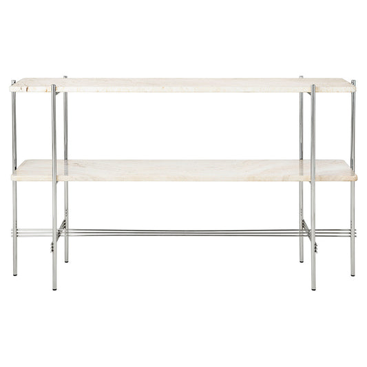 TS 2 Tier Console Table - Neutral White Travertine, Polished Steel